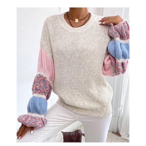 Sweater rainbow pink gathered sleeve puff lantern sleeve ruched blue cream - Picture 1 of 9